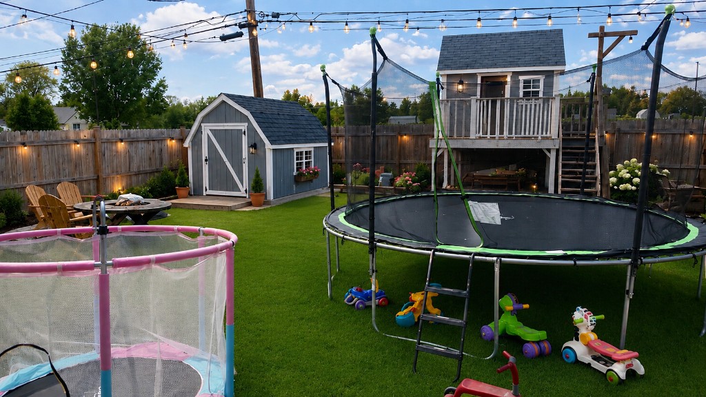 Discovery Day backyard play area with trampoline, playhouse, and fenced yard