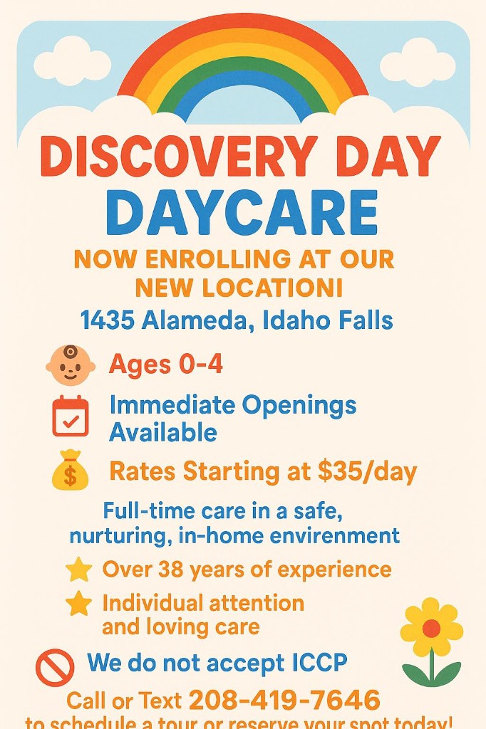 Discovery Day Daycare enrollment flyer — Idaho Falls